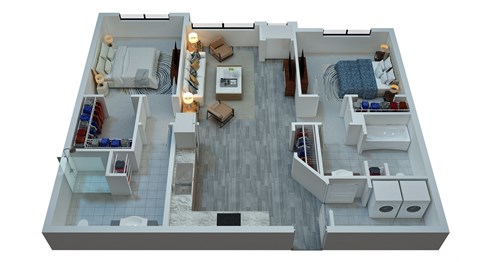a 3d rendering of a 1 bedroom apartment with a bathroom and a living room